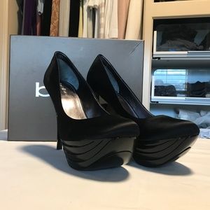 Bebe Riley Black Satin Platform Heels